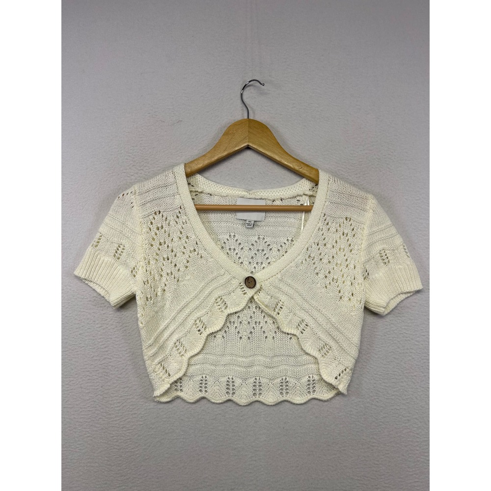 Coquette Cottagecore Pink Rose Women XS Ivory White Pointelle Cropped Cardigan